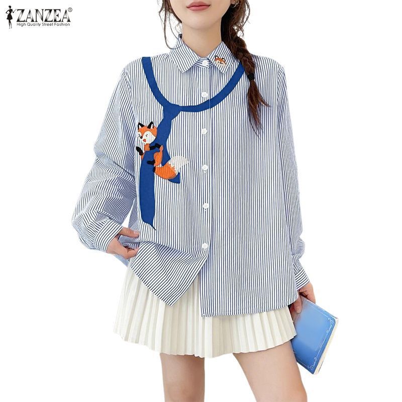 ZANZEA เสื้อเชิ้ตแขนยาวสไตล์เกาหลี-ญี่ปุ่น ลายการ์ตูนแบบปุ่มขึ้น สำหรับผู้หญิง