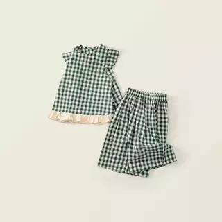 Hania kids พร้อมส่ง ชุดเซ็ตเด็กผู้หญิง 2 ชิ้นลายตารางน่ารัก ดีไซน์ระบายช่วงชายเสื้อ ใส่แล้วดูหวานละมุนสุด ๆ K5125651