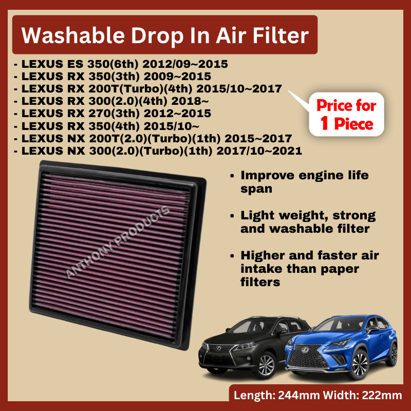 Lexus ES 350 RX 350 RX 200T RX 300 RX 270 RX 350 NX 200T NX 300 , Washable Drop In Air Filter 33-244