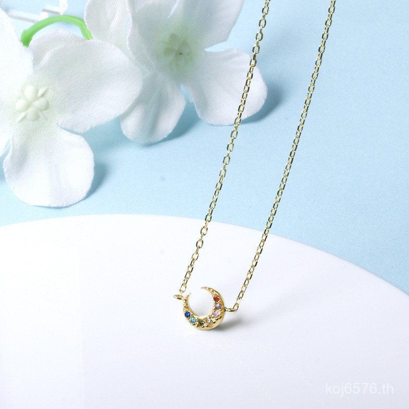 ยอดนิยมหรูหรา S925 เกาหลีรุ่น Seven Star สร้อยคอ Silver Moon Zircon Clavicle Chain สีสัน Treasure สร