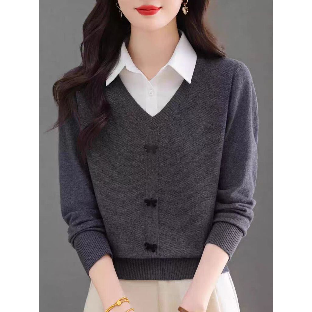 เสื้อยืดถักแขนยาวผู้หญิงเสื้อกันหนาวหลวมปลอมสองชิ้นเสื้อคอเกาหลีสําหรับการเดินทางที่เรียบง่ายเสื้อท็อป