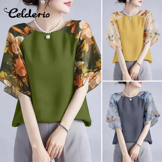 Celderio ครึ่งแขนเสื้อสไตล์เกาหลี สำหรับฤดูร้อน พิมพ์ลายดอกไม้และขอบกระพุ้งpretty