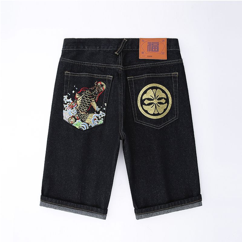Evisu Koi กางเกงขาสั้นยีนส์หลวมตรงปัก