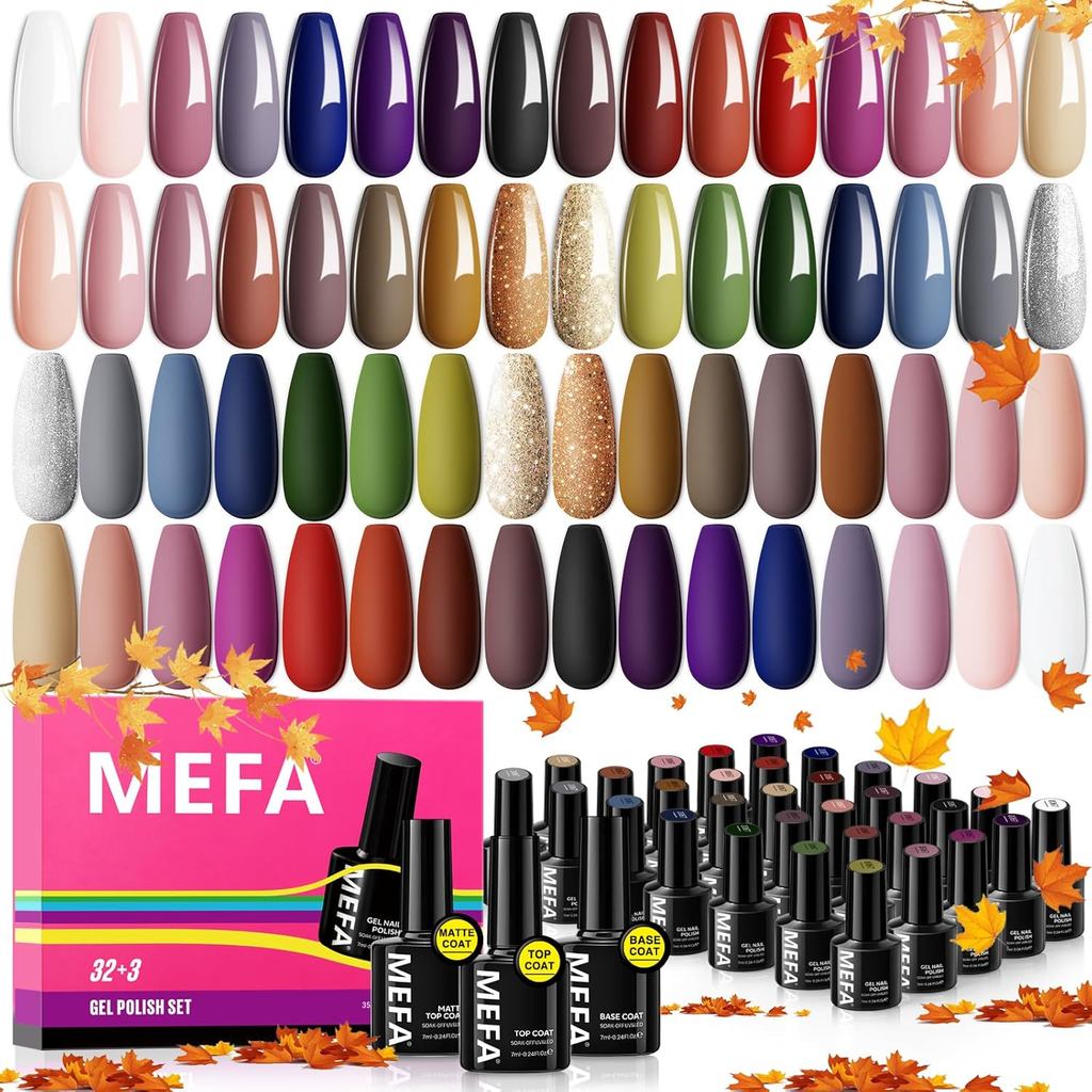 MEFA ชุดยาทาเล็บเจล 32 สี ฟรีเบสโค้ทและท็อปโค้ทด้าน สีทาเล็บเจลสวยทนทาน เหมาะสำหรับร้านเสริมสวย