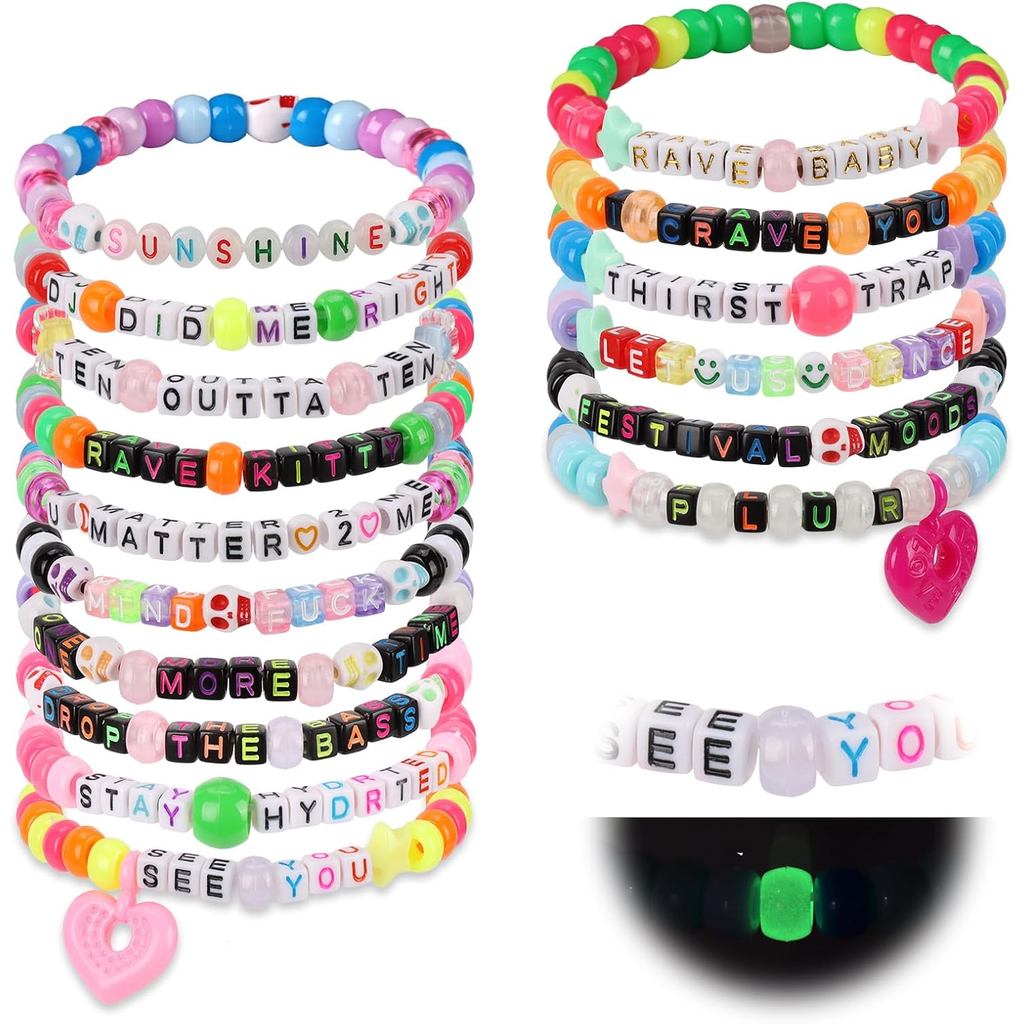 16/24/32Pcs Rave Kandi Bracelets Set Glow In The Dark EDM Music Stretch Bracelets Multi Color Beaded