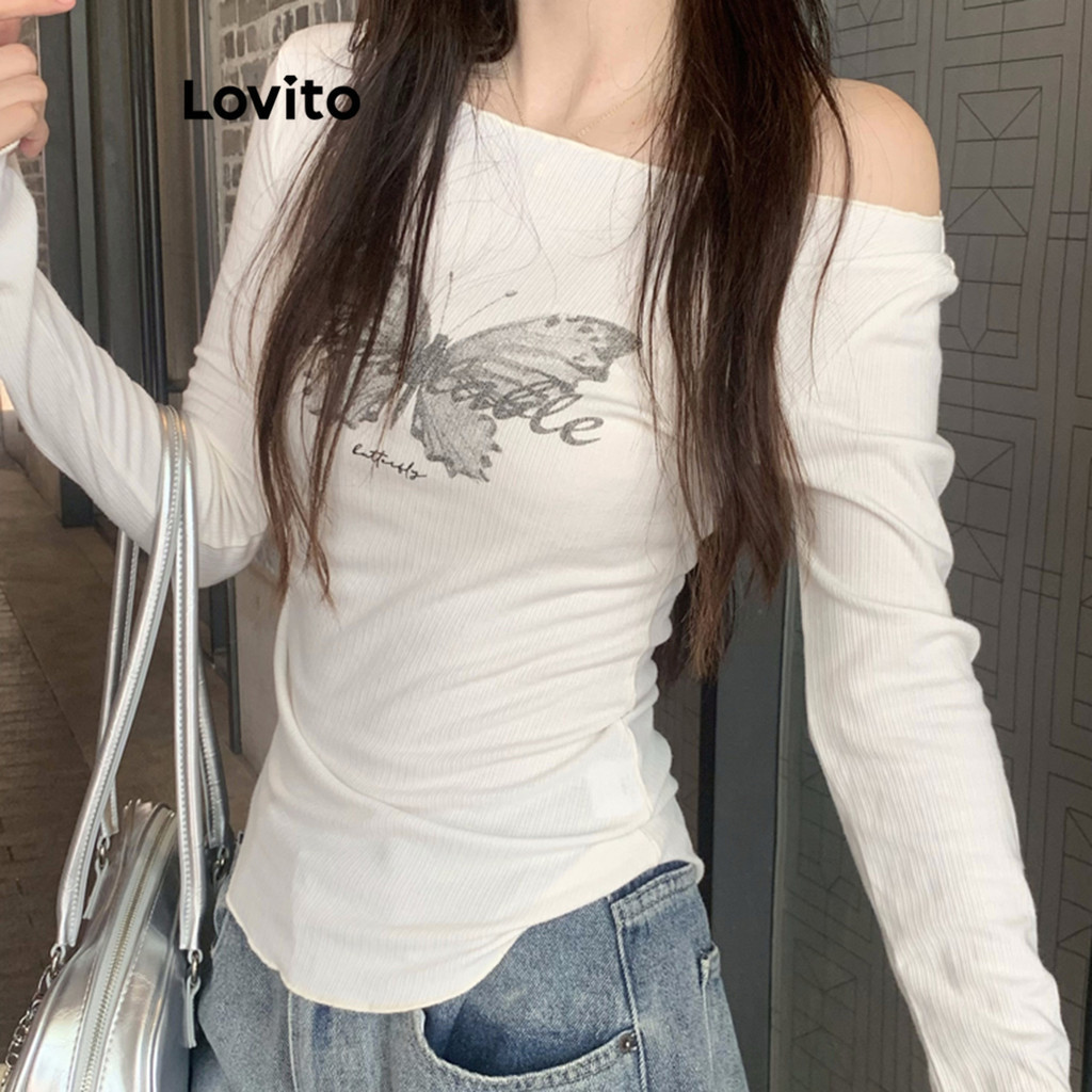 Lovito เสื้อยืดลําลองเสื้อยืดลายธรรมดาสําหรับผู้หญิง LNA74238