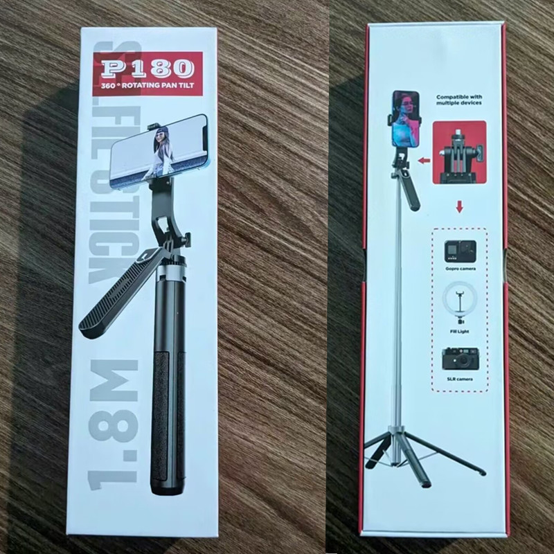 P180สแตนเลสสตีลบลูทูธไม้เซลฟี่สี่ขา P185ตัวยึดการถ่ายทอดสดการถ่ายวิดีโอแบบสั้นไฟเติมแสงขาตั้งกล้องที