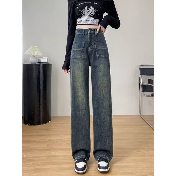 กางเกงยีนส์ขายาว jinn jeans กางเกงยีนส์ขากว้างยืดหยุ่นขนาดเล็กผู้หญิงหลวมกางเกงย้อนยุคสไตล์อเมริกันก