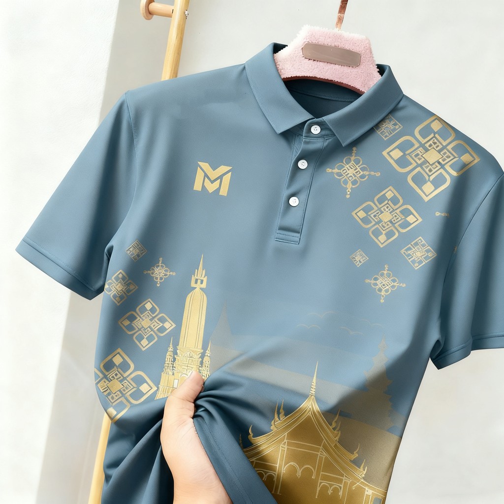 เสื้อโปโลผู้ชาย ลายเจดีย์และเทมเพล เหมาะสำหรับวันลอยกระทง และใส่ได้ทุกคนในครอบครัว