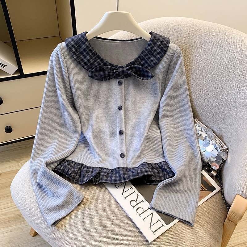 COCO-เสื้อถัก แขนยาว ตรวจสอบประกบ ผีเสื้อ ปม ประเภทรุ่นหลวม บุคลิกภาพ สุภาพสตรี แฟชั่นเวอร์ชั่นเกาหลี