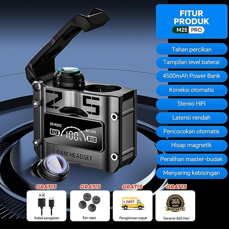 TWS M25 ชุดหูฟังบลูทูธหูฟังสําหรับเล่นเกมบลูทูธไร้สายหูฟังเบสบลูทูธ 5.3 Full Bass