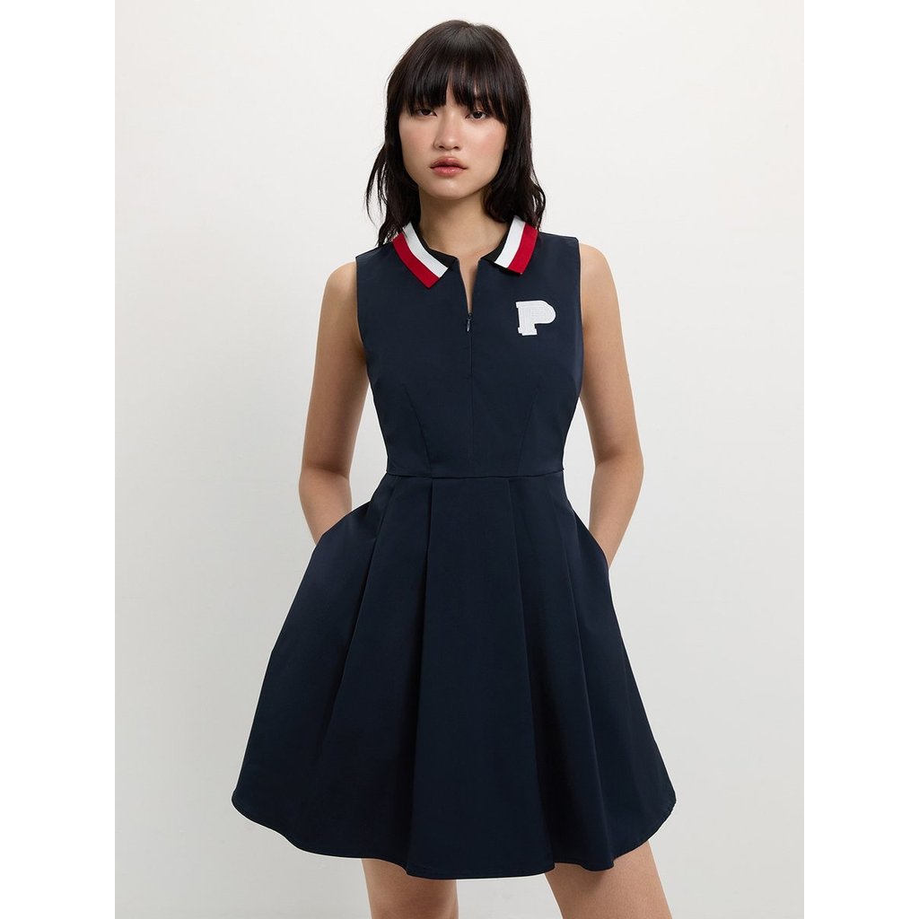 [Pomelo] เดรสพลีทคอปกสีตัดกัน / Contrast Collar Pleated Dress