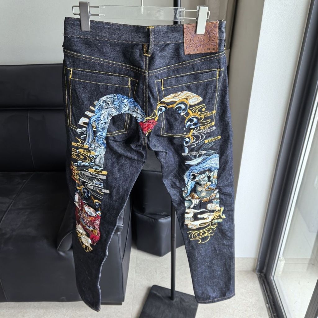 Evisu กางเกงยีนส์ปักลายสำหรับผู้ชาย สไตล์คล่องตัว
