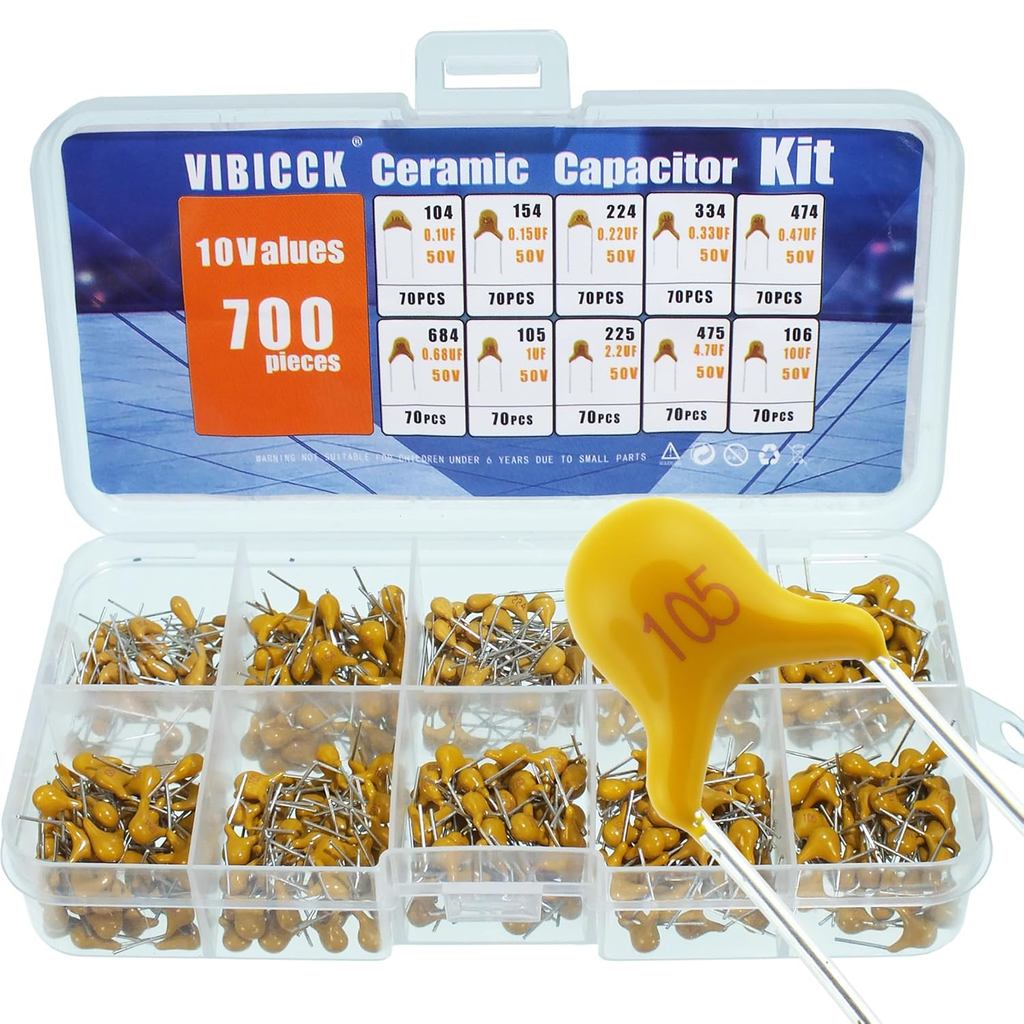 10 Values 700pcs Ceramic Capacitor kit Packaged with capacitors ranging from 0.1uf/100nF to 10uF Cer