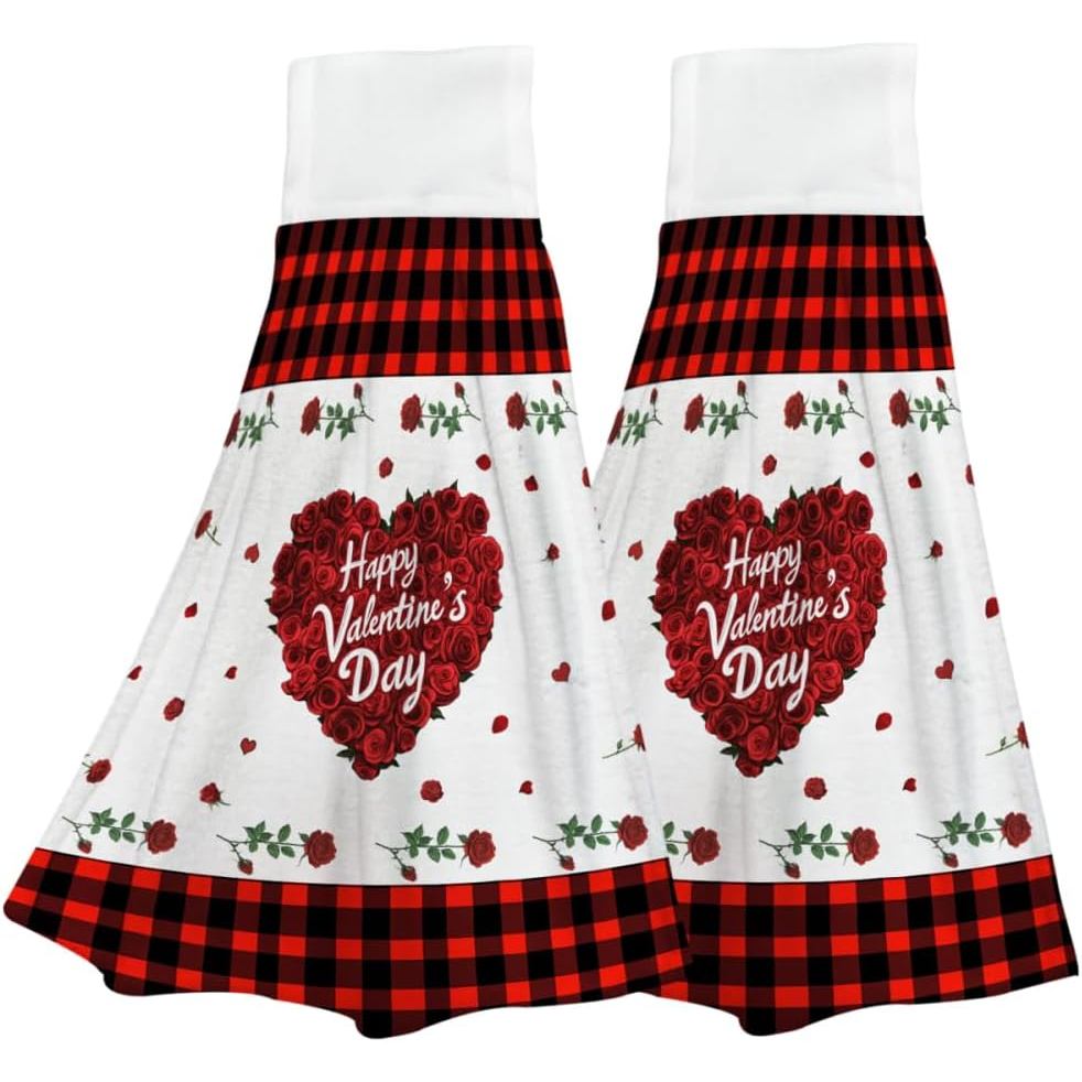 Valentines Day Kitchen Towels with Hanging Loop Highly Absorbent Buffalo Plaid Towels Set of 2 Light