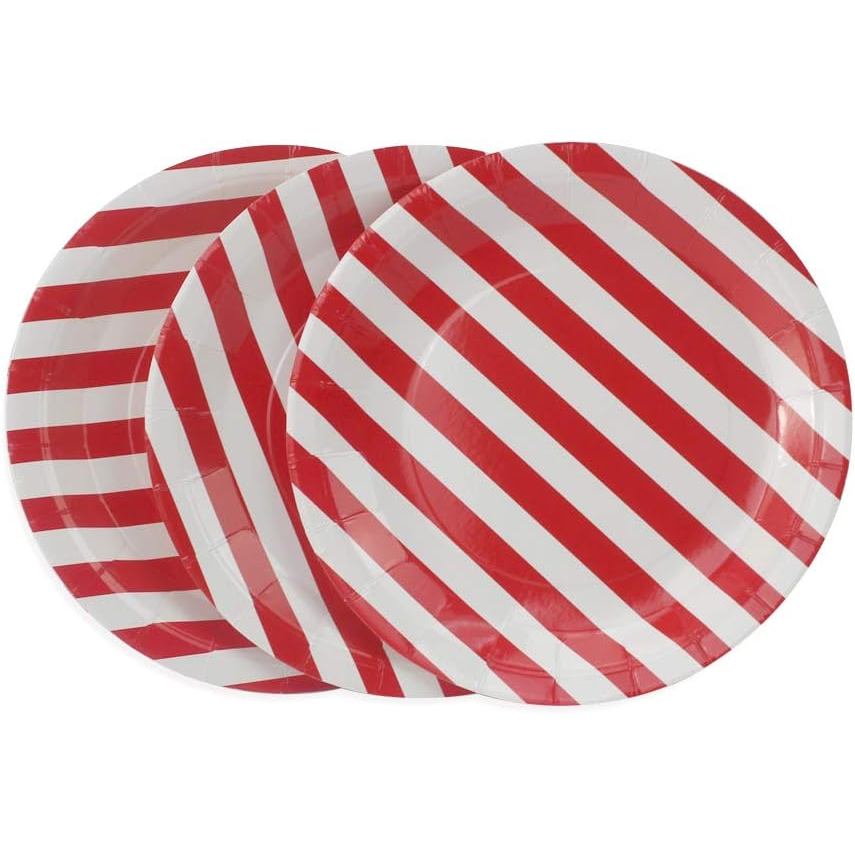 Red Stripe Paper Plates 36pcs - 9inch Biodegradable Round Party Plates for Cakes, Dessert, Snack, Fr
