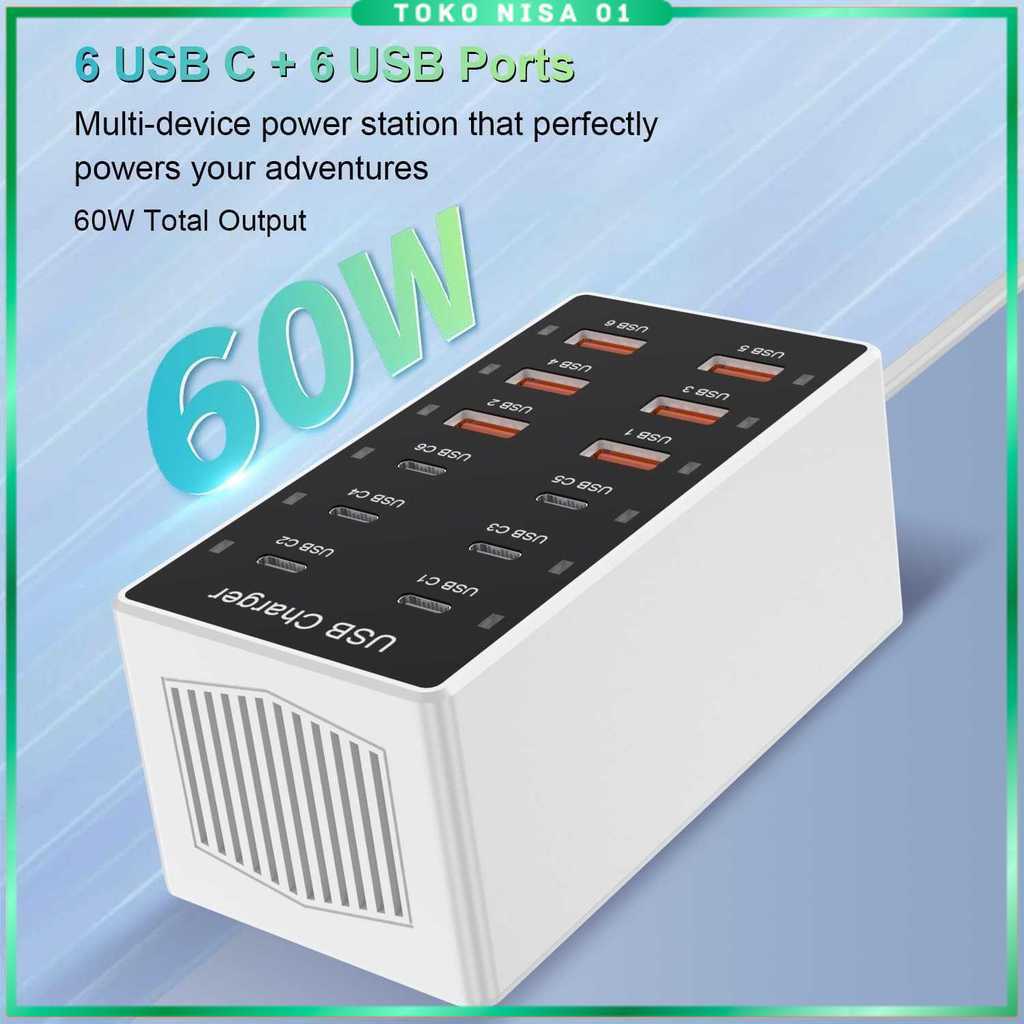 USB Hub Charger 12 Multi Port Type C 5V/2.4A 60W EU Plug - YC-A6