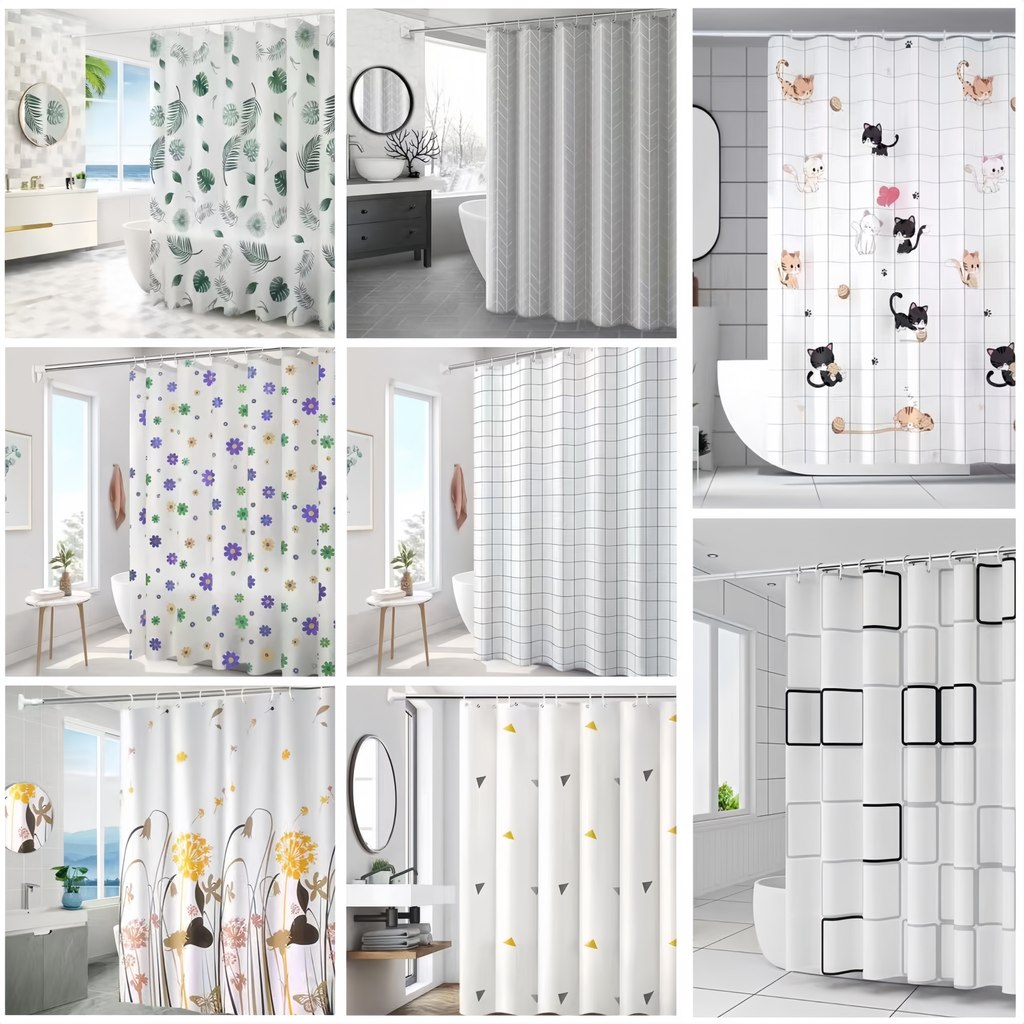 ม่านห้องน้ำกันน้ำ กันเชื้อรา แบบไม่ต้องเจาะผนัง | ม่านพลาสติกหนา ทนทาน 180*180cm | พร้อมฟรีตะขอ C-Hook  พร้อมส่ง