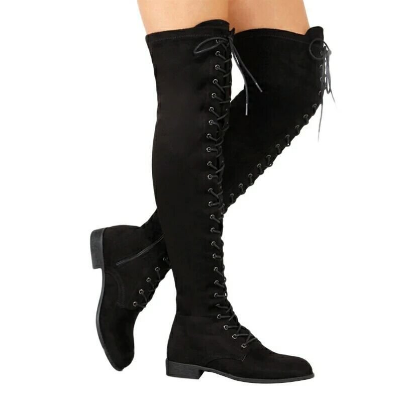 ขายร้อนขนาดใหญ่ขายร้อน414243Size Lace-Up Over-the-Knee Boots รองเท้าส้นแบนผู้หญิง NKDA