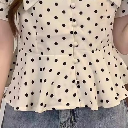 เสื้อเชิ้ตแขนสั้น คอปก ลายจุด แขนทรงบอลลูน มีไซส์ S-5XL ผ้าชีฟอง แต่งระบายชายเสื้อ ทรงสวย สไตล์สาวเกาหลี รูปที่ 5