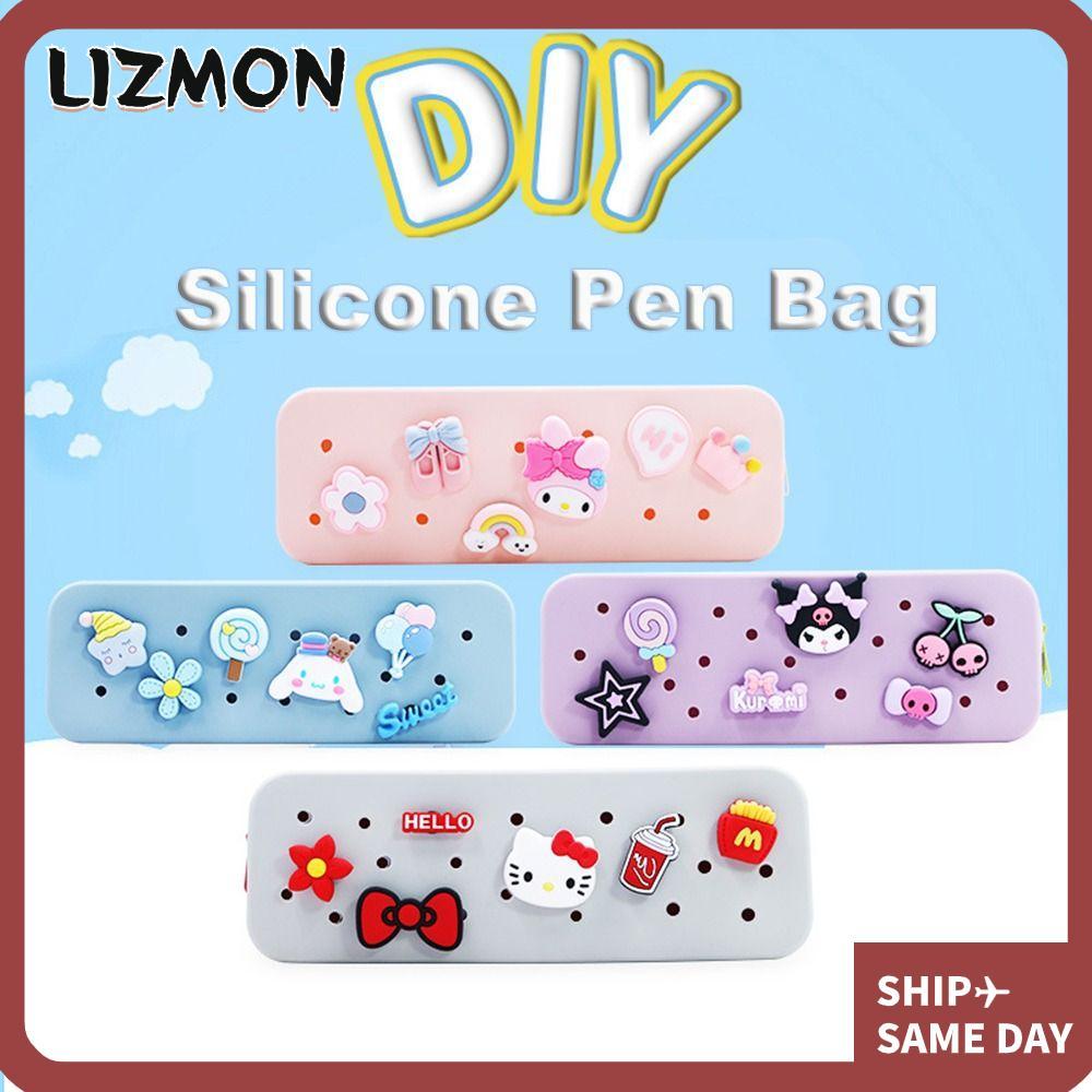 LIZMON กระเป๋าเครื่องเขียน, Soft Sanrio Kitty Kuromi Melody Cinnamoroll Croc ปากกากระเป๋า,แฟชั่นซิลิ