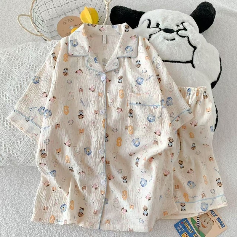 H-PJs ชุดนอนลายการ์ตูนใหม่ สินค้าขายดี ชุดนอนผู้หญิงน่ารักๆ แขนสั้น เสื้อคอปกเเขนสั้น เนื้อผ้านิ่ม ใ