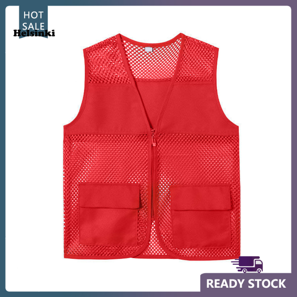 HLS Hollow Out Zipper Placket กระเป๋าคู่ V คอทํางานเสื้อกั๊กอาสาสมัครสีสดใสหลวม Fit Unisex เสื้อกั๊ก