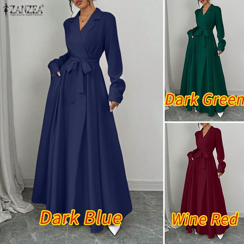 ZANZEA ชุดเดรส A-Line วินเทจสําหรับผู้หญิงปกแขนยาวผูกเชือกหรูหราขั้นสูง — صورة 3
