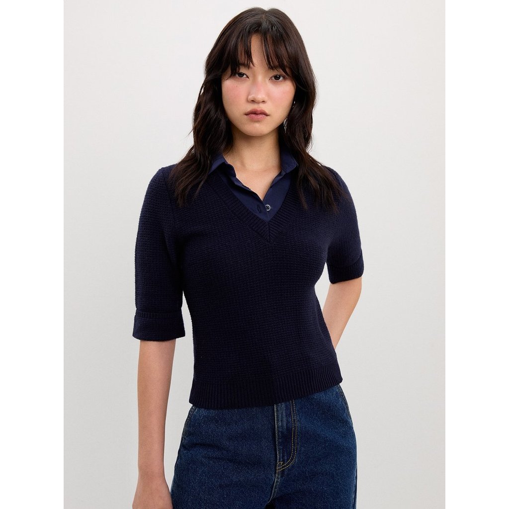 [Pomelo] เสื้อถักคอวีดีไซน์เลเยอร์ / Layered V-Neck Knit Top