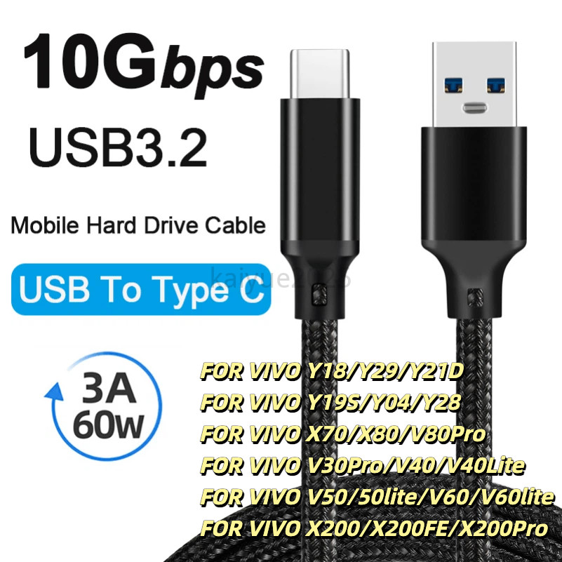 สาย USB Type C สําหรับ USBC Data Charger สายไฟ 60W 3A USB 3.2 Gen2 10Gbps Fast charge สําหรับ VIVO Y