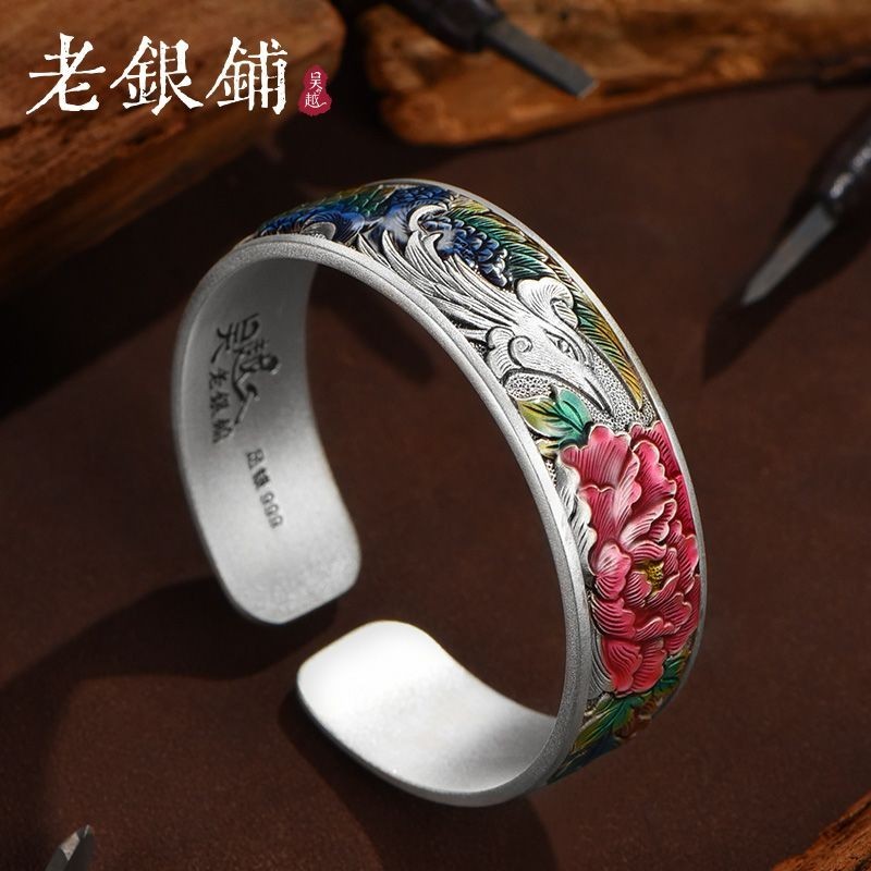 Wu Yue ร้านเงินลาวเงินบริสุทธิ์ 999 Dan Yinfeng สร้อยข้อมือ Retro ชาติพันธุ์เคลือบ Peony เปิดสร้อยข้