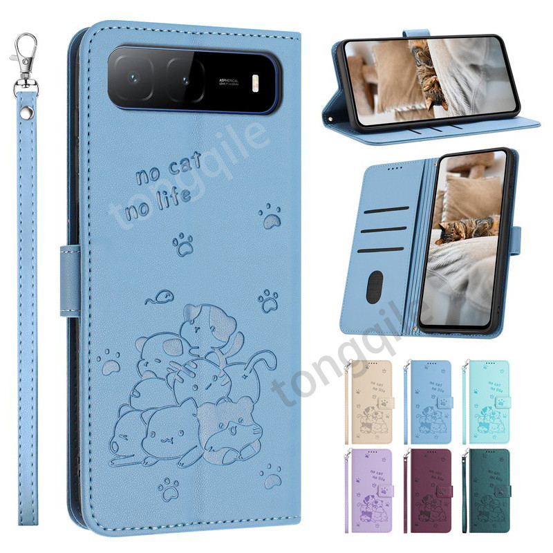 กรณีพลิกสําหรับ Infinix Hot 60i 5G Hot60i 2025 หรูหราหนังฝาครอบโทรศัพท์ปลอกช่องใส่การ์ดกระเป๋าสตางค์แมวรูปแบบ Stand Holder กันชนกันกระแทก Anti Drop Lanyard