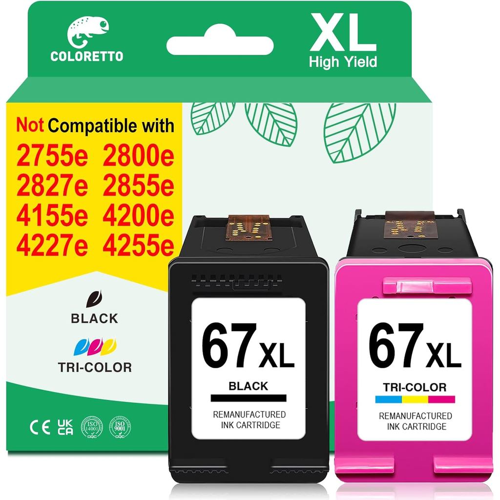 COLORETTO 67XL Ink for HP Envy 6055e Ink Cartridges for HP Envy 6000 Ink Cartridges Envy 6455e 6458e