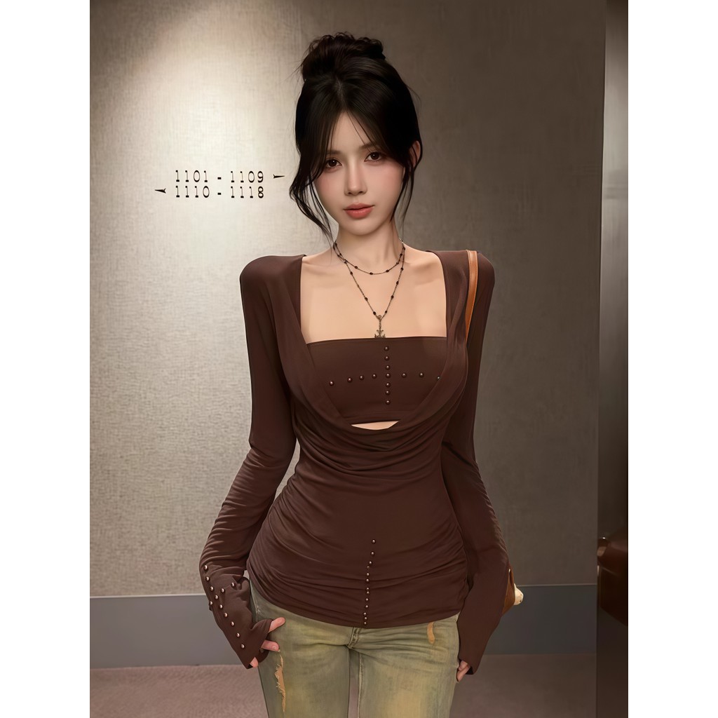 SultrySia เสอแขนยาว+เกาะอก เข้ารูป ผ้านุ่ม สีดำ สีน้ำตาล เรียบง่าย - รูปที่ 5