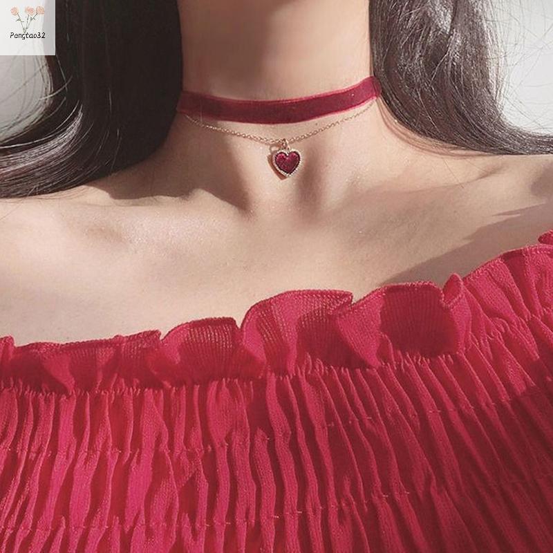 [pes] สร้อยคอโชคเกอร์กํามะหยี่คลาสสิกสร้อยคอจี้หัวใจสําหรับผู้หญิงแฟชั่นหวานบุคลิกภาพจี้เครื่องประดั