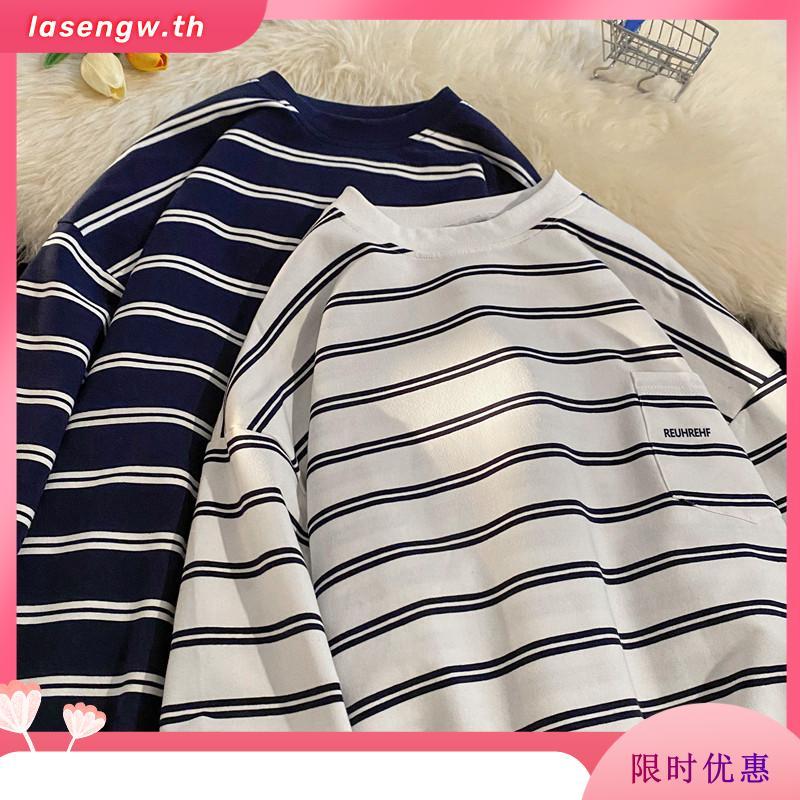 56MEN T-Shirt 40362 เสื้อยืดแขนยาว คอกลม ลายแถบเส้นเล็ก ผ้าโพลีเอสเตอร์ผสมคอตตอล ใส่สบาย