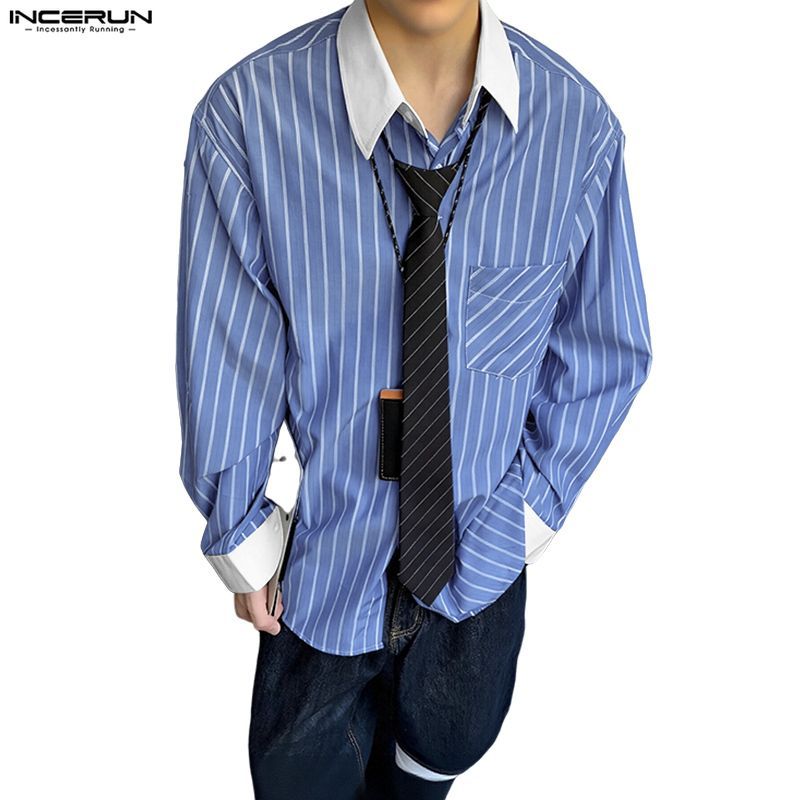 INCERUN เสื้อเชิ้ตแขนยาวสำหรับผู้ชาย สไตล์เกาหลีพรีปี้ ลายทางแนวตั้ง oversize