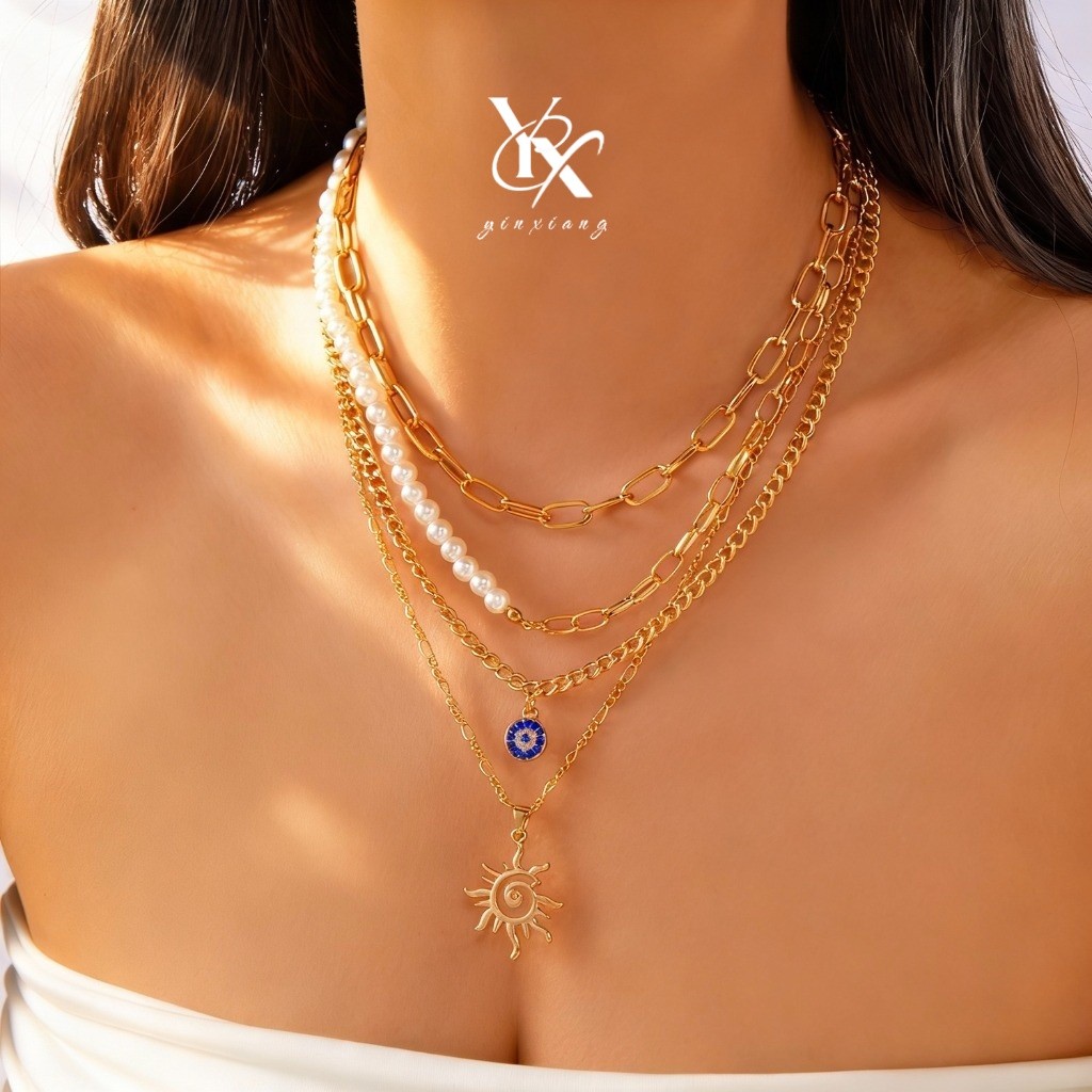 YX Evil Eye มือปาล์ม Pearl 3 ชั้นสร้อยคอ Y2K Layered Choker ความงามสําหรับ Gen Z Kawaii น่ารัก Daint