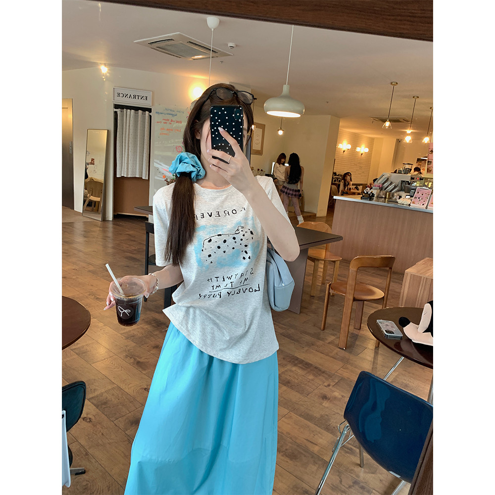 Wu 77 Early ฤดูร้อนหลวมรู้สึกชุดสองชิ้นหญิง Spotted สุนัขพิมพ์รอบคอเสื้อยืดสไตล์เกาหลีเอวสูง Slimmer