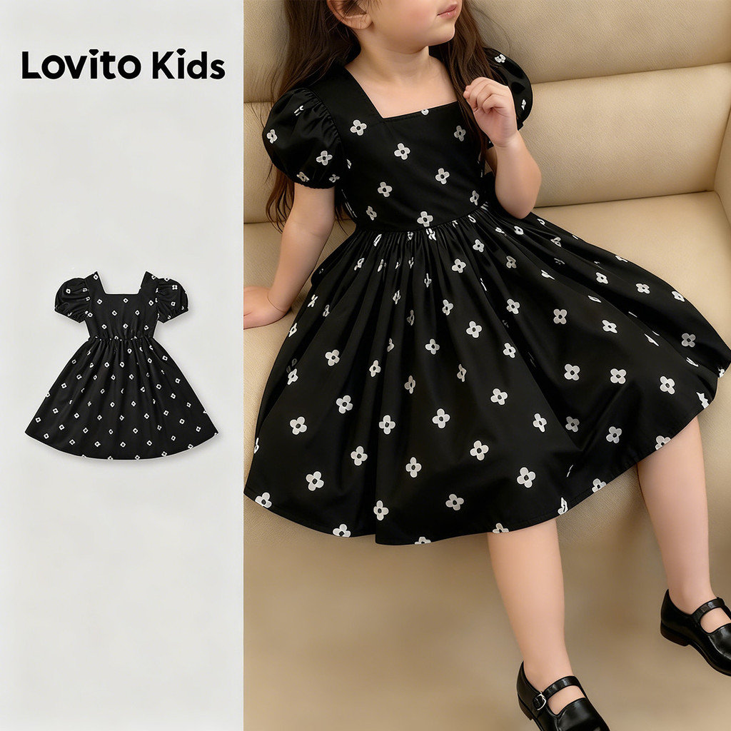 Lovito Kids ชุดเดรสลําลอง แต่งระบาย สําหรับฤดูใบไม้ผลิ/ฤดูร้อน สีดํา สําหรับเด็กผู้หญิง L168LD183