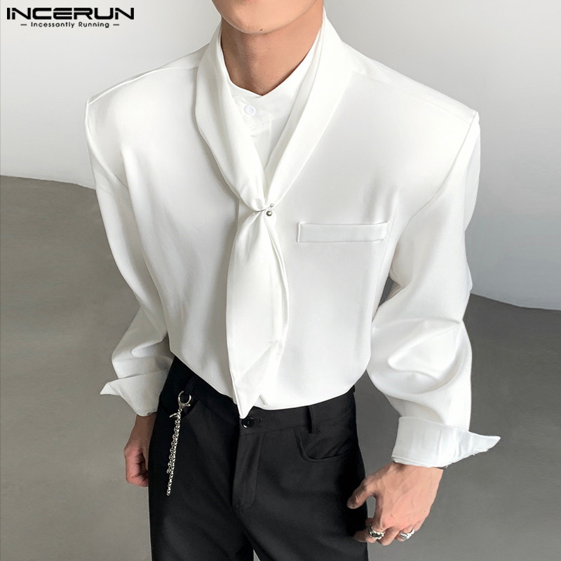 INCERUN ผู้ชายเกาหลี Minimalist Niche Design Tie คอแขนยาวหลวม Fit เสื้อธรรมดา