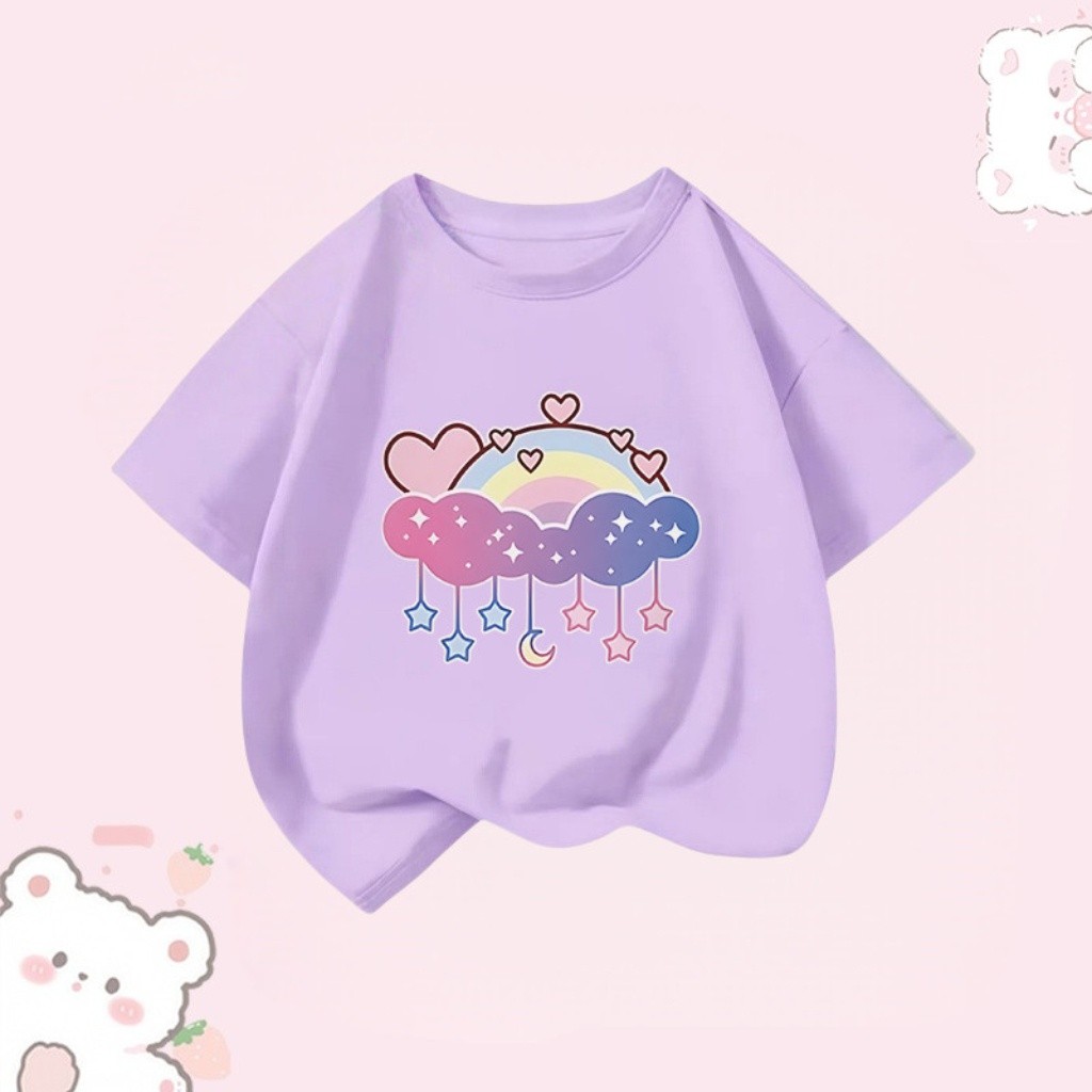 มีในสต๊อก  เสื้อยืดแขนสั้นเด็กผู้หญิง ลายรุ้งน่ารัก เนื้อผ้าใส่สบาย