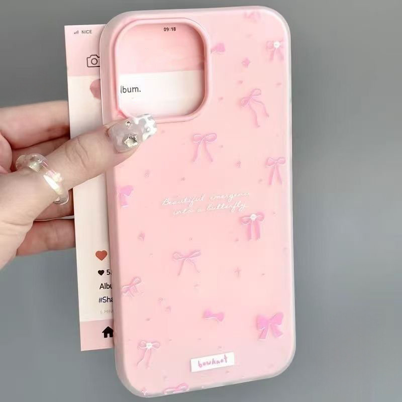 For iphone เคสไอโฟน โบว์สีชมพู case X/XR Pro Max Xs 17 16 11 12 13 15 14  7/8PLUS เคส 16 plus วัสดุ พรีเมี่ยมรู้สึกแฟชั่