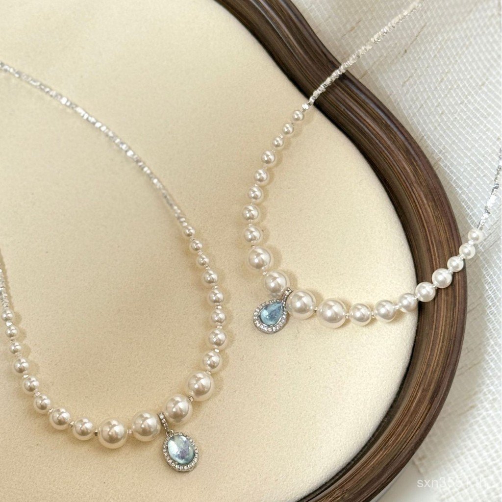 สร้อยคอดีไซน์.GradientAquamarineและPearlธรรมชาติกับเงินs925SterlingหรูหราShijiaF2EQ