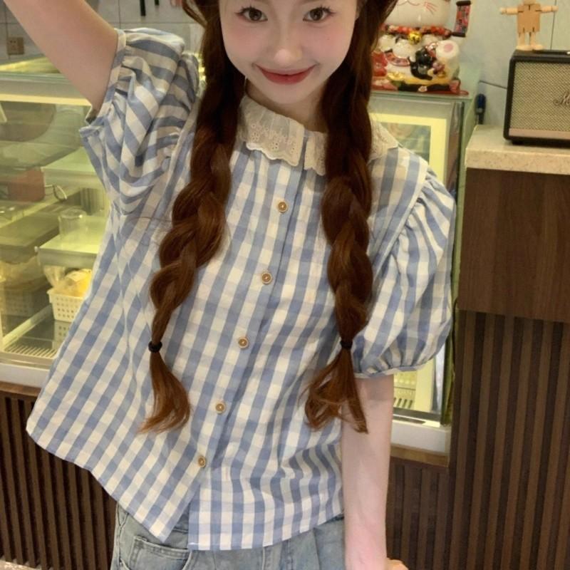 Red Berryเสื้อเบลาส์แขนพองลายสก็อตฤดูใบไม้ร่วงสำหรับผู้หญิ รูปที่ 3