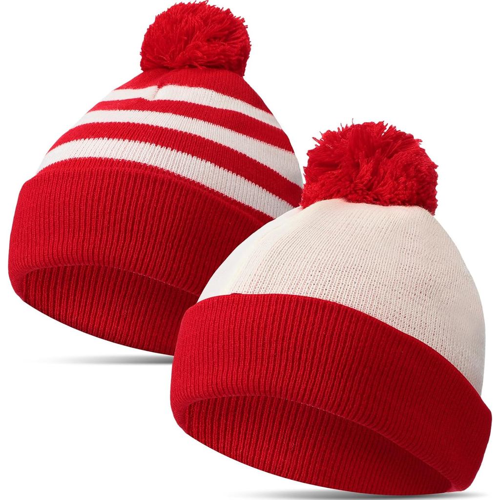Halloween Red White Striped Beanie Red White Pom Pom Cuff Knit Hats for Women Christmas Halloween Co