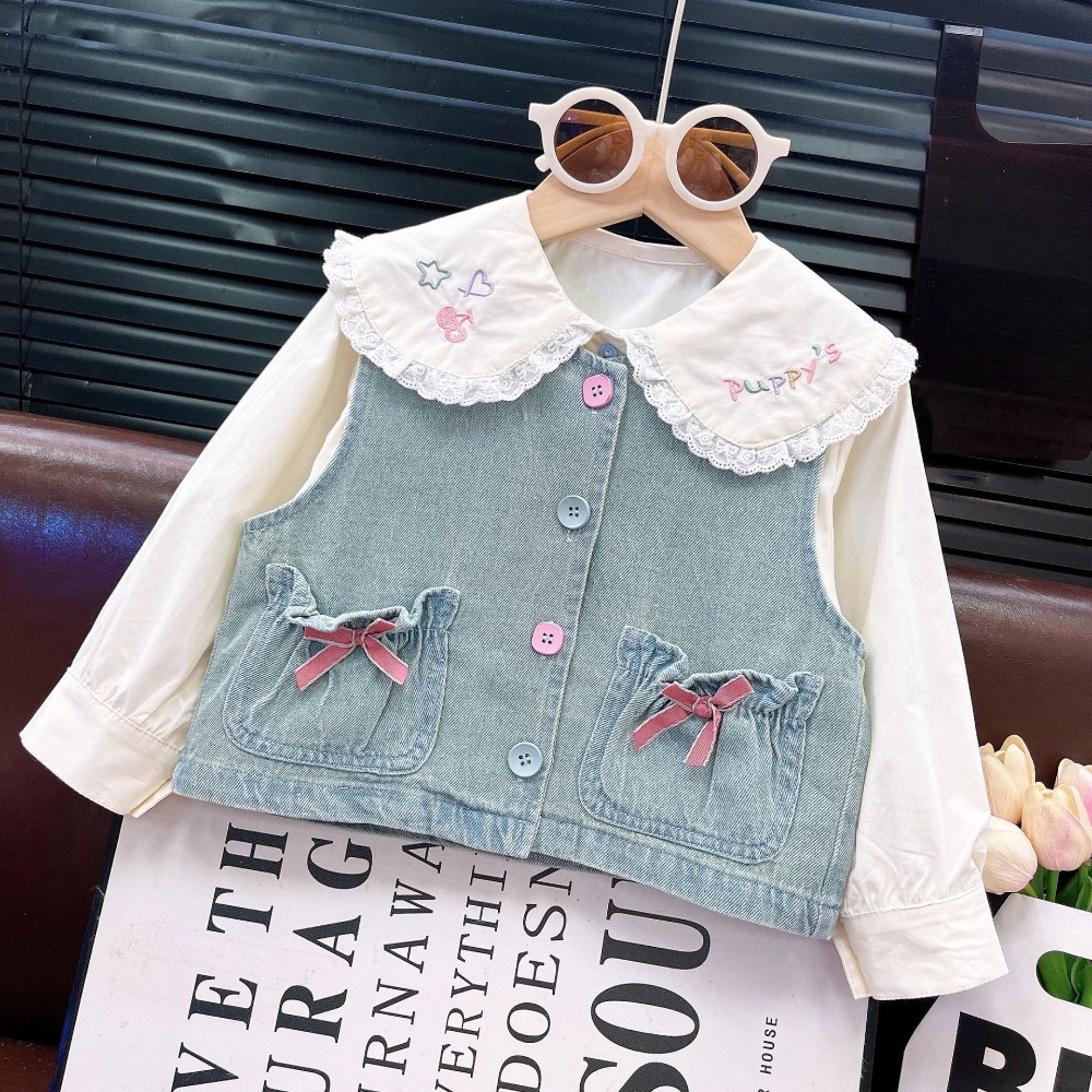 Bear Leader Casual Long Sleeved Lace Embroidered Shirt + Bow Vest + Jeans Three Piece Set Spring and Autumn Girls Clothes - รูปที่ 3