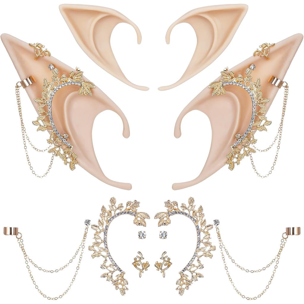 FRESHME Elf Ears with Piercings - Handmade Fairy Ears with Gold Butterfly Earrings Cuffs