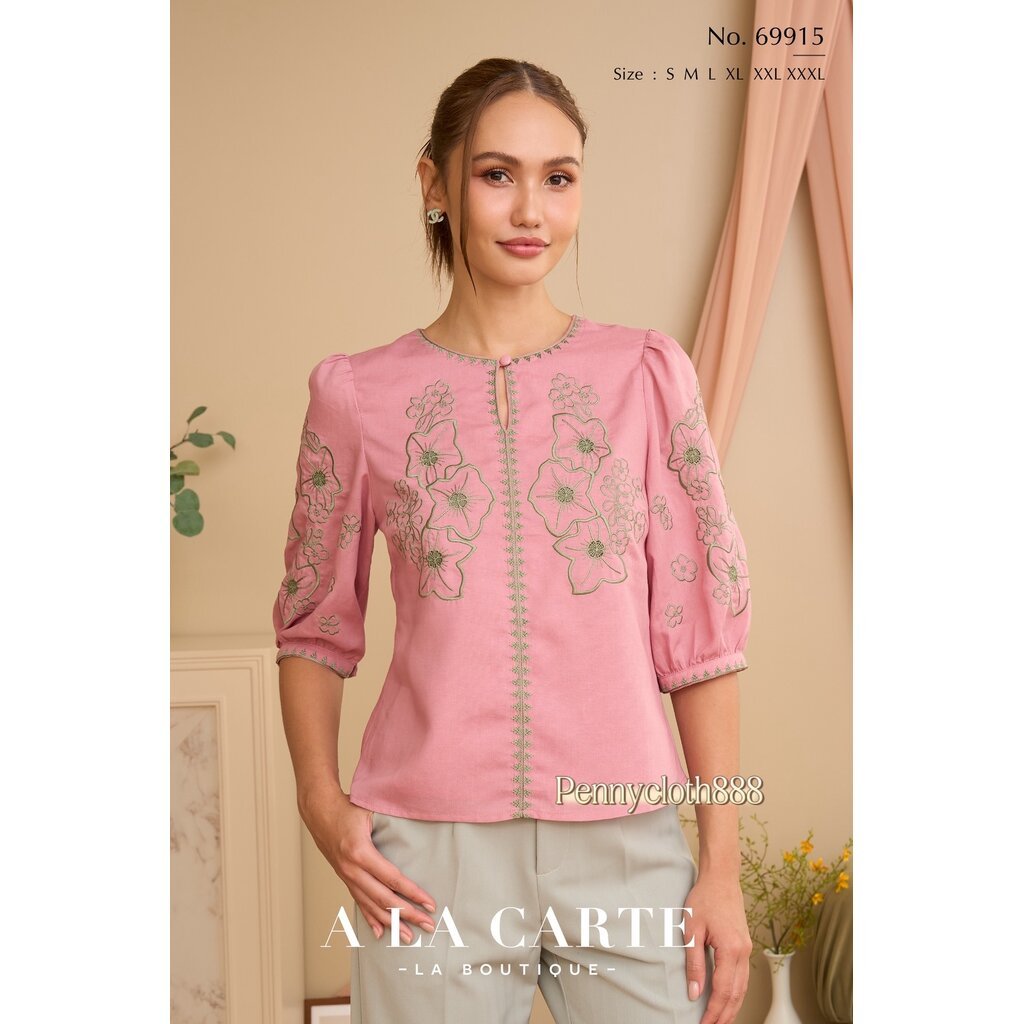 A La Carte รหัส 69915 เสื้อลินินกึ่งซิลด์ คอกลม แขน 3 ส่วน งานปักใหม่ มีซับใน