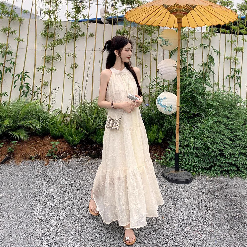 ชุดเดรสยาว ชุดเดรสผู้หญิง เดรสสลิงแอปริคอทฝรั่งเศส